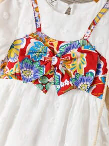 Toddler Girls Floral Print Bow Front 2 In 1 Dress - White - View 4