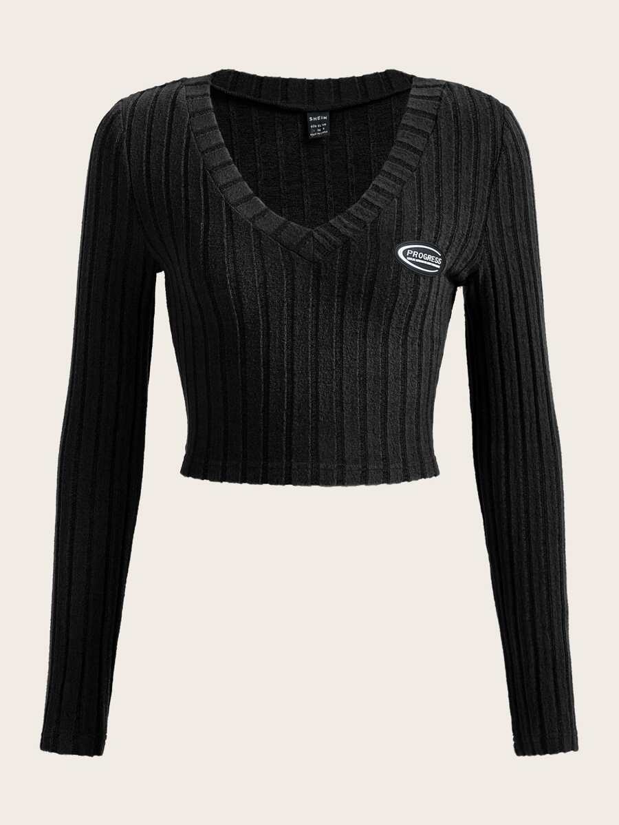 SHEIN EZwear Letter Patched Detail Crop Tee - Black - View 1