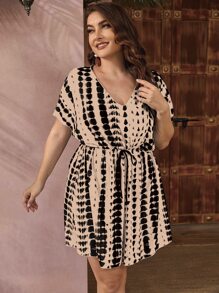 SHEIN Swim Curve Plus Size Allover Print Knot Front Batwing Sleeve Dress Summer - Khaki - View 1