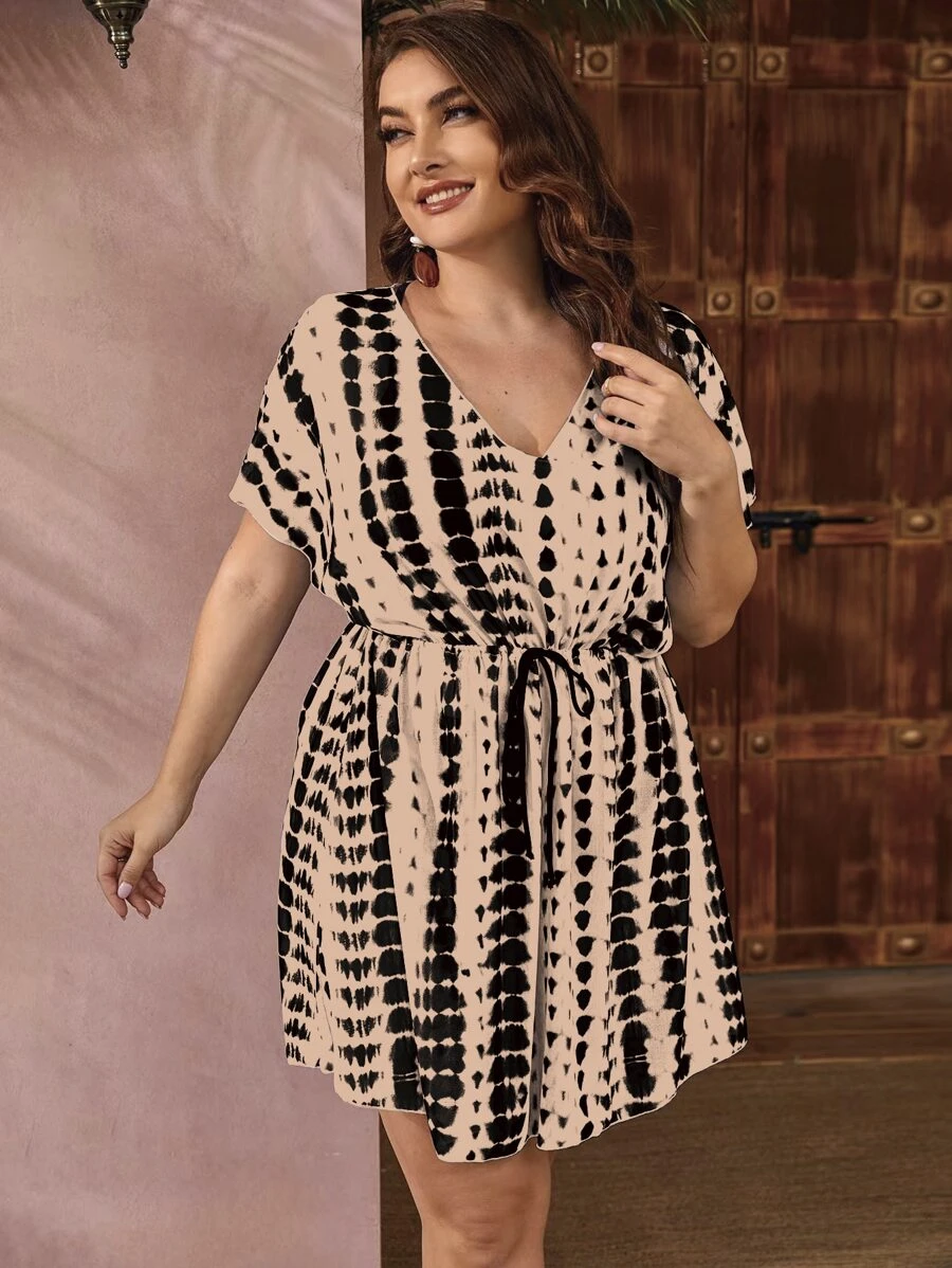 SHEIN Swim Curve Plus Size Allover Print Knot Front Batwing Sleeve Dress Summer - Khaki - View 1