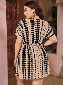 SHEIN Swim Curve Plus Size Allover Print Knot Front Batwing Sleeve Dress Summer - Khaki - View 2