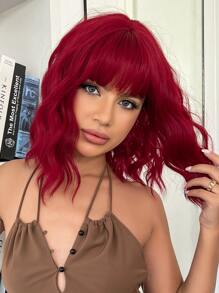 Short Curly Synthetic Wig With Bangs - Red - View 4