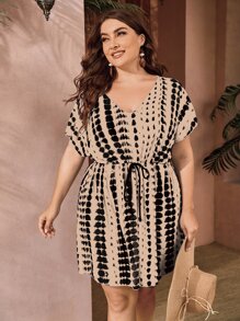 SHEIN Swim Curve Plus Size Allover Print Knot Front Batwing Sleeve Dress Summer - Khaki - View 4