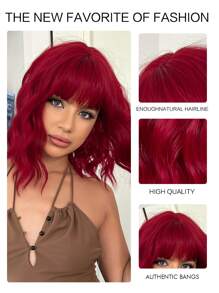 Short Curly Synthetic Wig With Bangs - Red - View 6