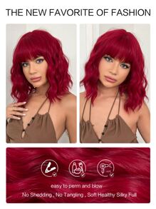 Short Curly Synthetic Wig With Bangs - Red - View 7