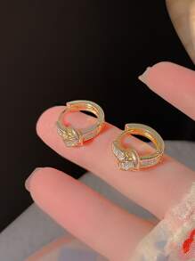 方晶鋯石裝飾圓耳環 - 金黃色 - 查看 2