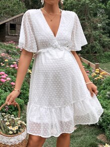 SHEIN Maternity Swiss Dot Butterfly Sleeve Ruffle Hem Dress - White - View 2