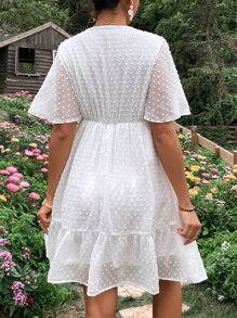 SHEIN Maternity Swiss Dot Butterfly Sleeve Ruffle Hem Dress - White - View 3