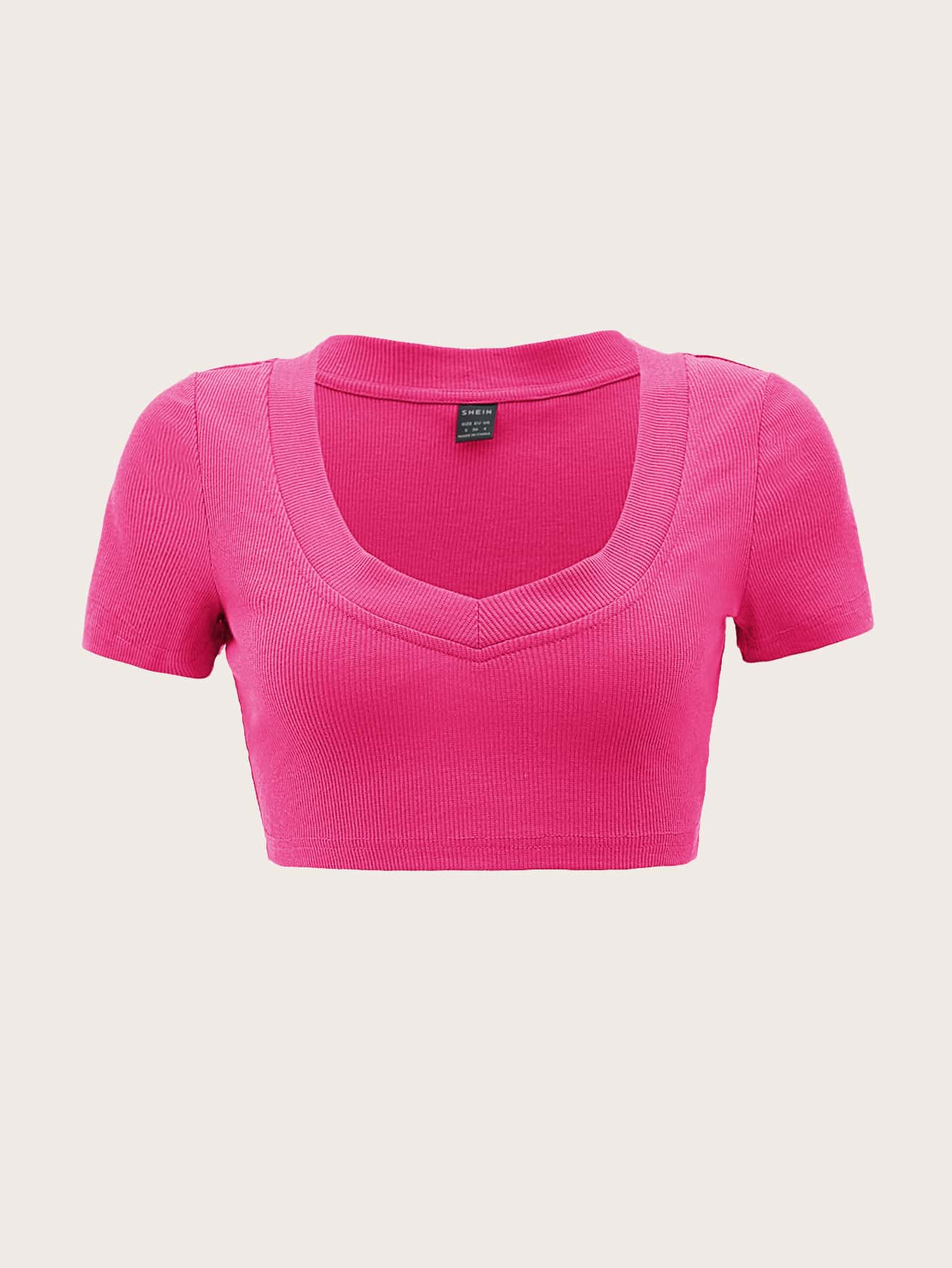 SHEIN EZwear Áo thun nữ Gân đan màu trơn Giải trí - Màu Hồng Tươi - Xem 1