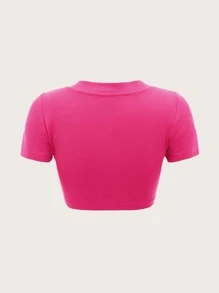 SHEIN EZwear Áo thun nữ Gân đan màu trơn Giải trí - Màu Hồng Tươi - Xem 2