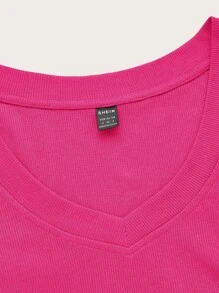 SHEIN EZwear Áo thun nữ Gân đan màu trơn Giải trí - Màu Hồng Tươi - Xem 3