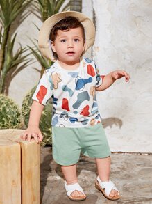 SHEIN Đứa bé trai In Đồ họa Áo thun & quần đùi - Màu xanh Bạc hà - Xem 1