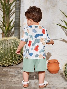 SHEIN Đứa bé trai In Đồ họa Áo thun & quần đùi - Màu xanh Bạc hà - Xem 2