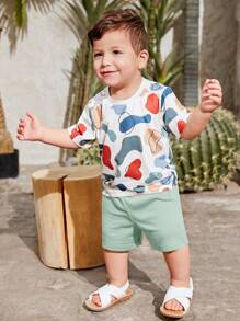 SHEIN Đứa bé trai In Đồ họa Áo thun & quần đùi - Màu xanh Bạc hà - Xem 3