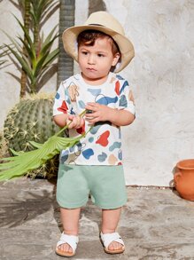 SHEIN Đứa bé trai In Đồ họa Áo thun & quần đùi - Màu xanh Bạc hà - Xem 5