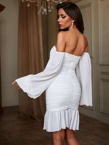 YISIKADO Off Shoulder Lantern Sleeve Ruched Ruffle Hem Mesh Dress - White - View 5