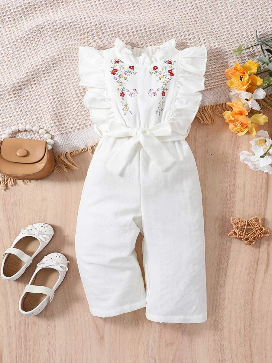 Baby Girl Floral Print Ruffle Trim Belted Jumpsuit - White - View 1