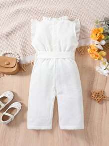 Baby Girl Floral Print Ruffle Trim Belted Jumpsuit - White - View 2