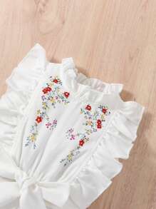 Baby Girl Floral Print Ruffle Trim Belted Jumpsuit - White - View 3