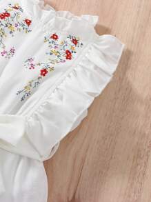 Baby Girl Floral Print Ruffle Trim Belted Jumpsuit - White - View 4