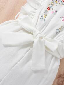 Baby Girl Floral Print Ruffle Trim Belted Jumpsuit - White - View 5