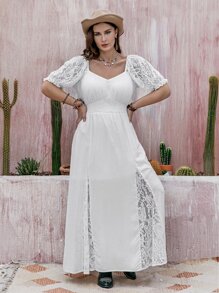 Rusttydustty Kontrast Spets Dragkedja Slits Rynkad Enkel Enkel Plus Size Klänning - Vitt - Visa 1