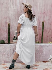 Rusttydustty Kontrast Spets Dragkedja Slits Rynkad Enkel Enkel Plus Size Klänning - Vitt - Visa 2