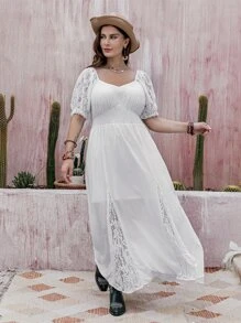 Rusttydustty Kontrast Spets Dragkedja Slits Rynkad Enkel Enkel Plus Size Klänning - Vitt - Visa 5