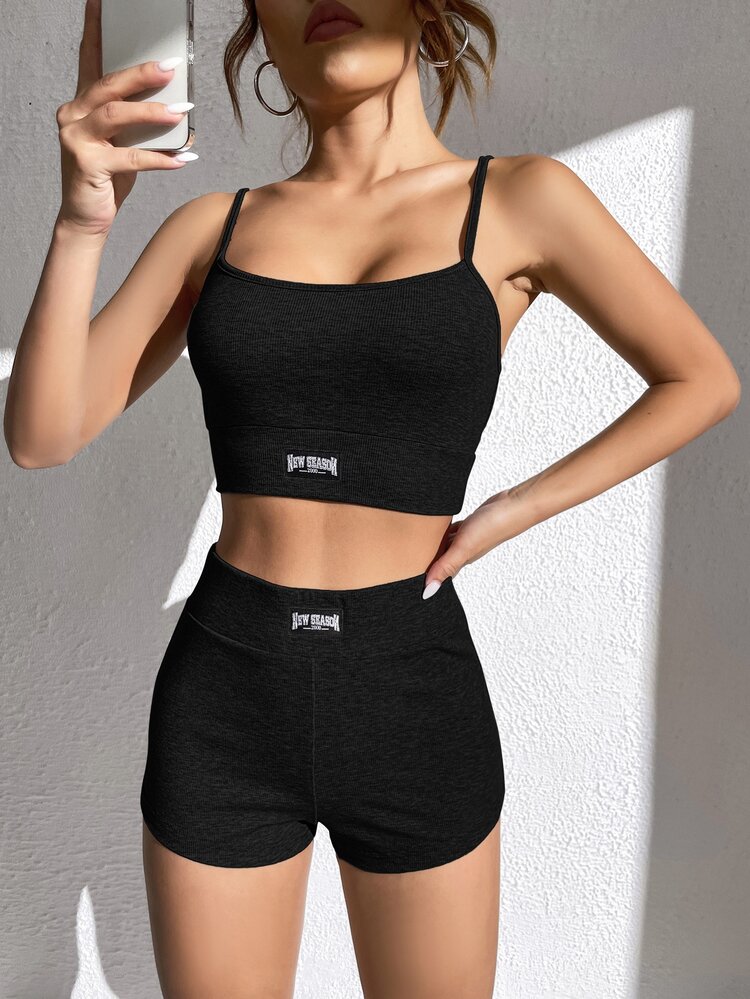 SHEIN EZwear Bộ đồ hai mảnh nữ Đắp vá Gân đan Lá thư Giải trí - màu đen - Xem 3