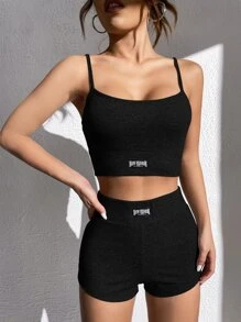 SHEIN EZwear Bộ đồ hai mảnh nữ Đắp vá Gân đan Lá thư Giải trí - màu đen - Xem 4