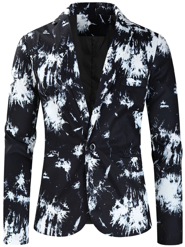 Men Tie Dye Single Button Blazer & Suit Pants - Black and White - View 3