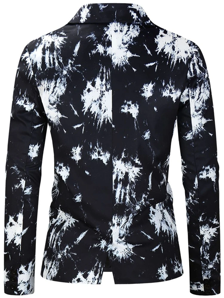Men Tie Dye Single Button Blazer & Suit Pants - Black and White - View 5