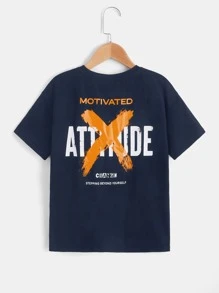 SHEIN 男孩標語圖案落肩T恤 - 藏蓝色 - 查看 1