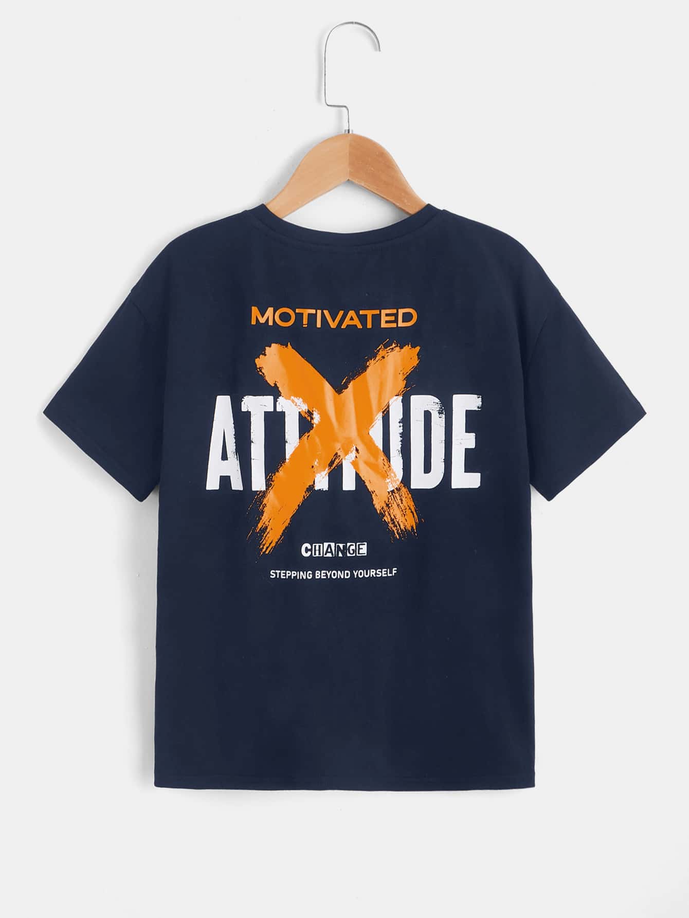 SHEIN 男孩標語圖案落肩T恤 - 藏蓝色 - 查看 1