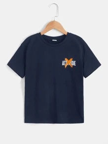 SHEIN 男孩標語圖案落肩T恤 - 藏蓝色 - 查看 2
