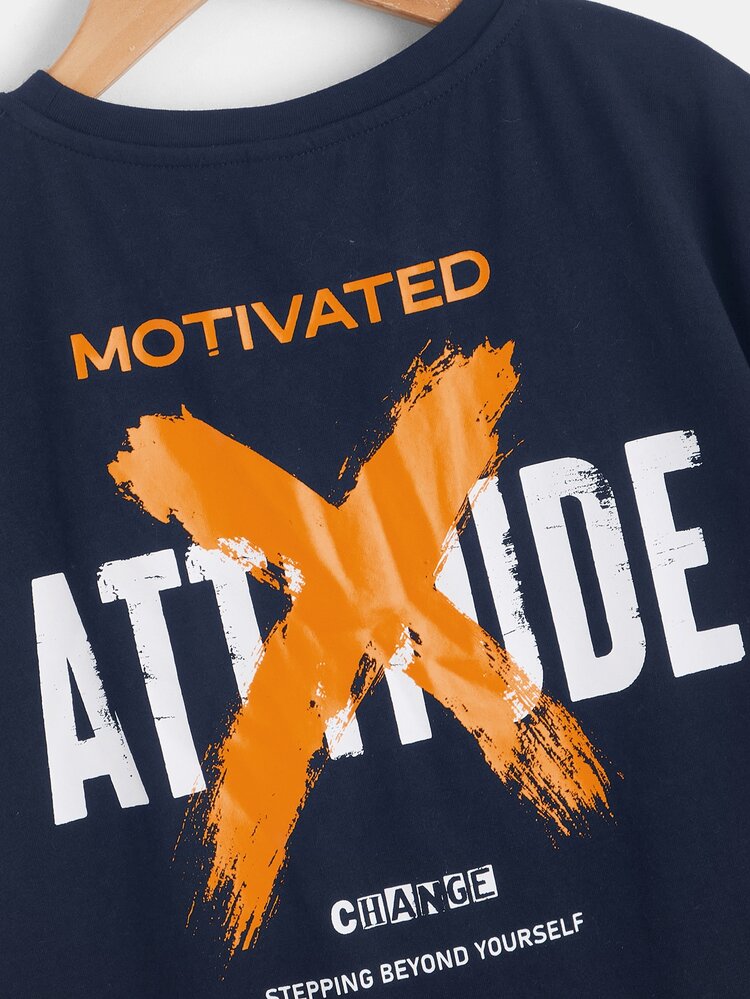 SHEIN 男孩標語圖案落肩T恤 - 藏蓝色 - 查看 3