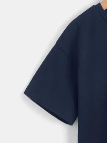 SHEIN 男孩標語圖案落肩T恤 - 藏蓝色 - 查看 4