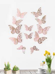 12pcs Hollow Out Butterfly Wall Sticker, Modern Paper Self Adhesive 3D Butterfly Wall Decoration For Home - Rose Gold - View 1