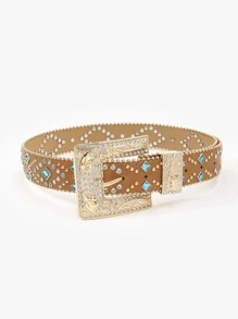 水鑽裝飾皮帶 - 駝色 - 查看 2