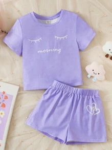 SHEIN Leap Crew Tween Girl Eyelash & Slogan Graphic PJ Set - Violet Purple - View 1