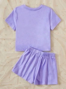 SHEIN Leap Crew Tween Girl Eyelash & Slogan Graphic PJ Set - Violet Purple - View 2