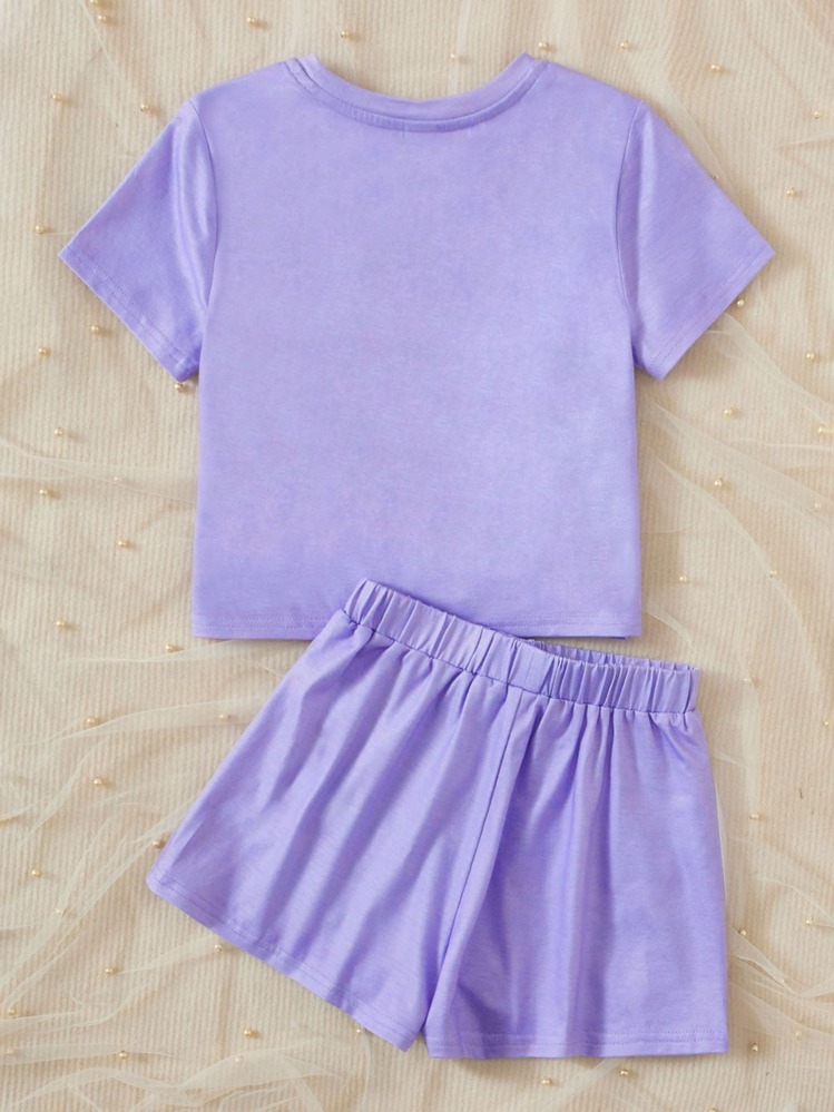 SHEIN Leap Crew Tween Girl Eyelash & Slogan Graphic PJ Set - Violet Purple - View 2