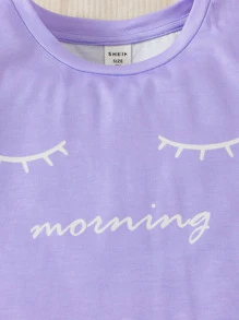 SHEIN Leap Crew Tween Girl Eyelash & Slogan Graphic PJ Set - Violet Purple - View 3