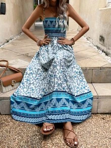 SHEIN VCAY Vestido de tirantes con estampado floral con fruncido - Azul - Ver 3