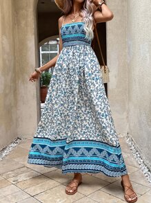 SHEIN VCAY Vestido de tirantes con estampado floral con fruncido - Azul - Ver 4