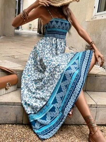 SHEIN VCAY Vestido de tirantes con estampado floral con fruncido - Azul - Ver 1