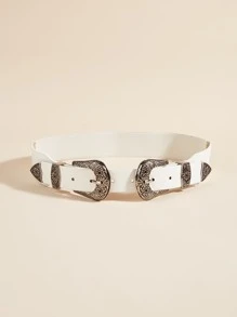 1入組女士西部風格牛仔女孩雙搭扣彈力腰皮帶,適用於派對和日常使用 - 白色 - 查看 1