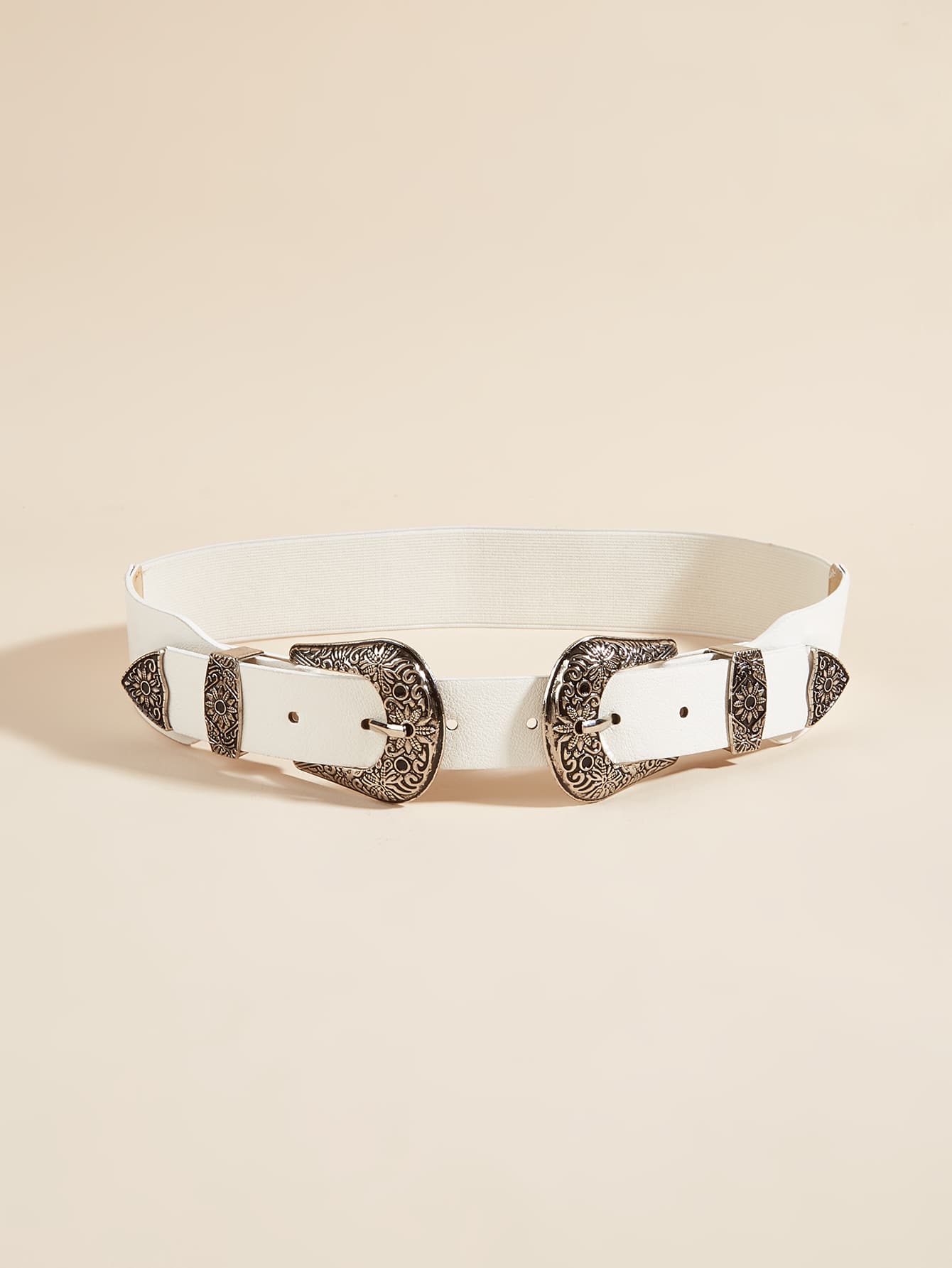 1入組女士西部風格牛仔女孩雙搭扣彈力腰皮帶,適用於派對和日常使用 - 白色 - 查看 1