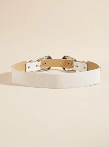1入組女士西部風格牛仔女孩雙搭扣彈力腰皮帶,適用於派對和日常使用 - 白色 - 查看 3