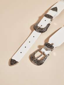 1入組女士西部風格牛仔女孩雙搭扣彈力腰皮帶,適用於派對和日常使用 - 白色 - 查看 5